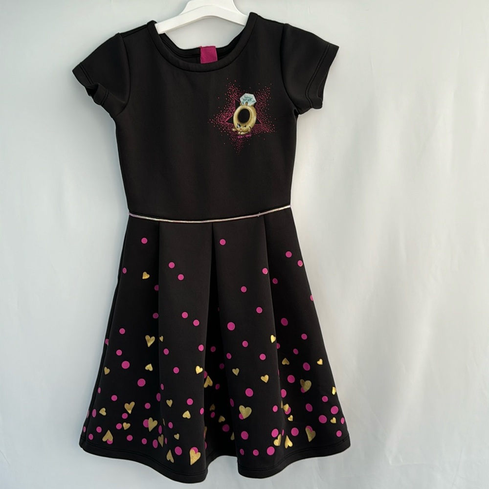 💜3/$15 Shopkins Pink Polka Dots and Gold Hearts Black Dress